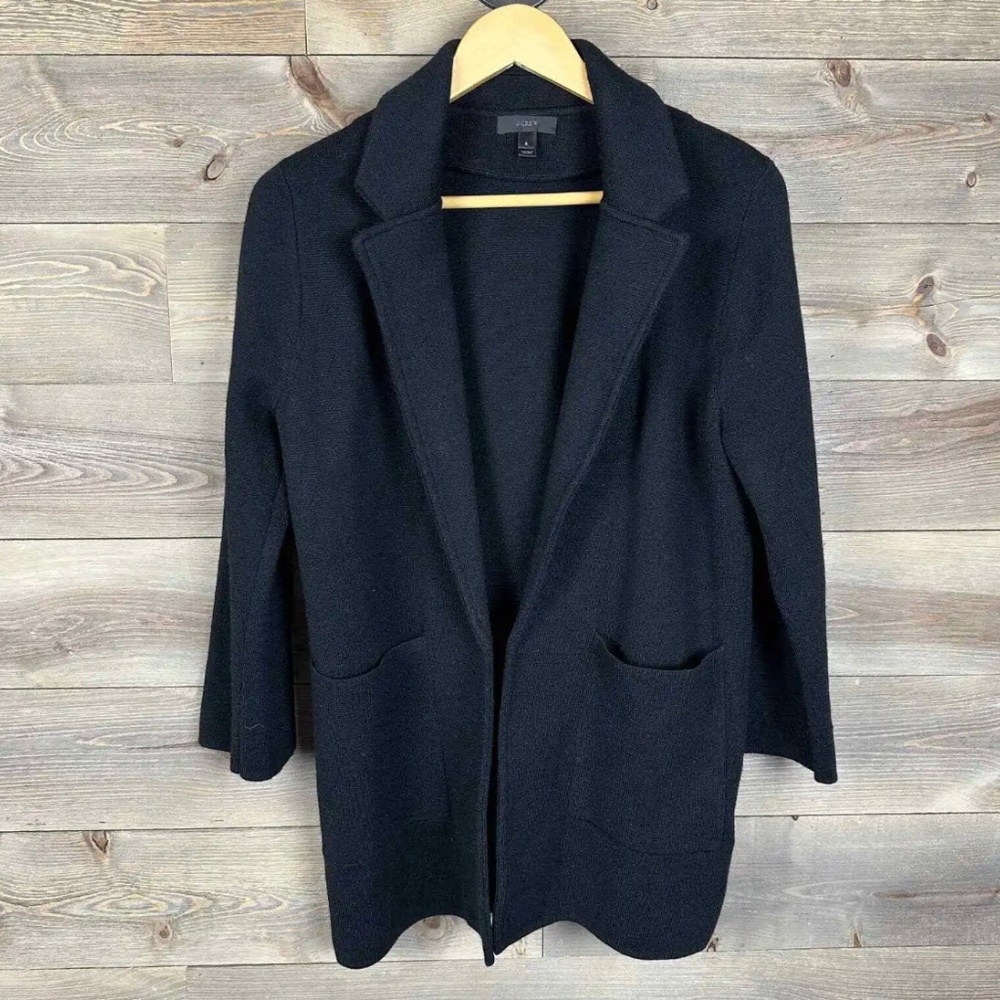 J. Crew S Black Merino Wool Open Front Collared Sweater Blazer Women's Small